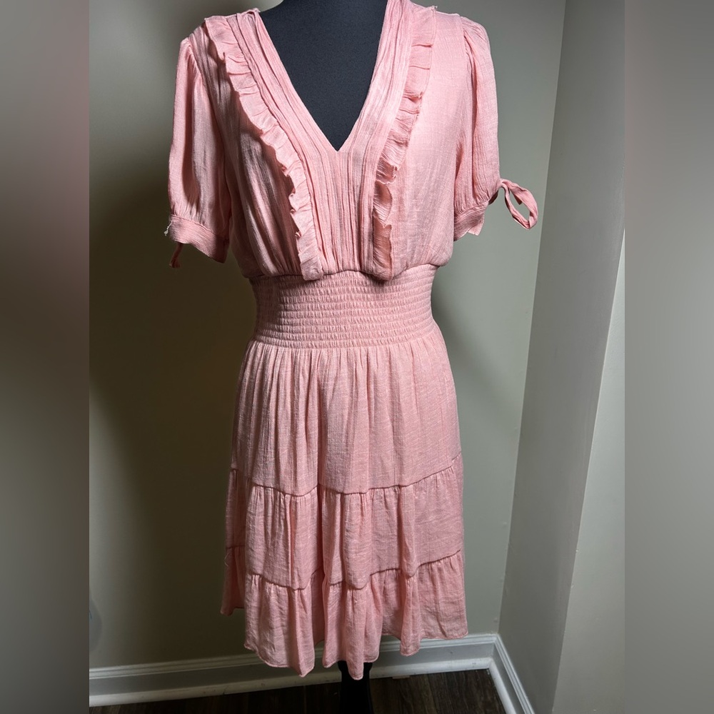 Chic Pink Midi Dress with Ruffle Details